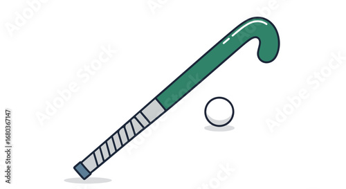 Green field hockey stick with ball on a white background for sport and recreation graphic design and print material illustration