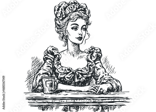 Elegant woman in vintage attire with intricate hairstyle sitting at a table with a cup. Vector hand drawn illustration