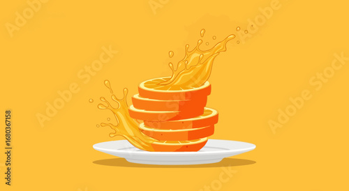 Vibrant Orange Slices with Juice Splash on Plate, Bright and Fresh Citrus Fruit Juice
