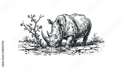 Vintage rhinoceros drinking water next to a small tree on cracked ground. Vector hand drawn illustration