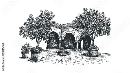 Sketch of a Courtyard with Arches and Trees in Pots. Vector hand drawn illustration