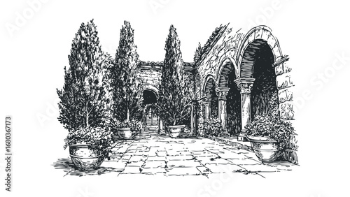 Sketch of a serene courtyard featuring potted cypress trees and arched architectural elements. Vector hand drawn illustration