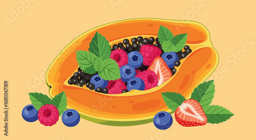 Vibrant Papaya Boat Filled With Berries And Mint Leaves, A Delicious And Colorful Treat