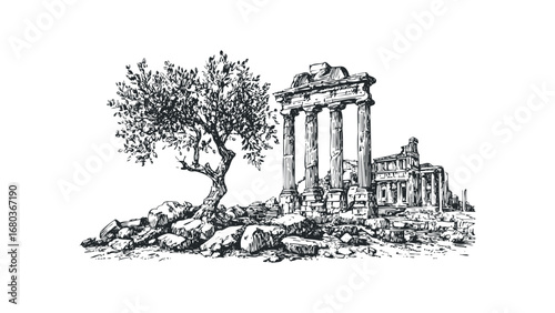 Sketch of Ancient Ruins with a Tree on Transparent Background. Vector hand drawn illustration