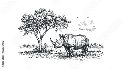 Sketch of a solitary rhinoceros standing in dry grass near a tree on a plain. Vector hand drawn illustration