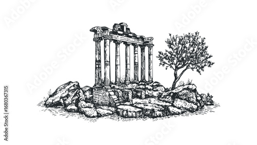 Ancient ruins with columns and a lone tree rendered in a vintage sketching style. Vector hand drawn illustration