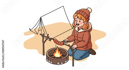 A young woman roasting a sausage over campfire while camping outdoors during wintertime