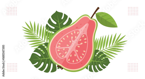 Vibrant Pink Guava With Detailed Cross Section And Lush Green Foliage Display