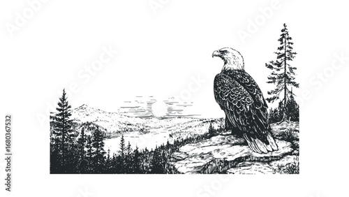 Majestic Eagle Perched on Rocky Outcropping Overlooking Mountain Lake and Forest. Vector hand drawn illustration