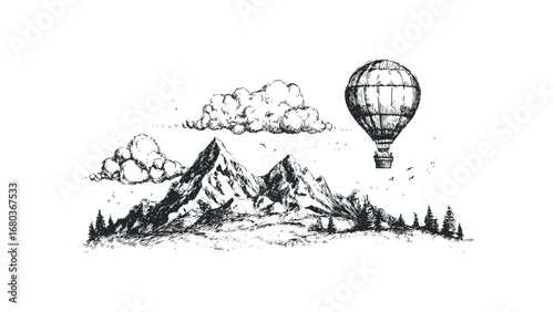 Sketch of a Hot Air Balloon Floating Above Mountains and Trees. Vector hand drawn illustration