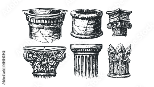 Collection of Antique Architectural Column Capitals and Bases. Vector hand drawn illustration