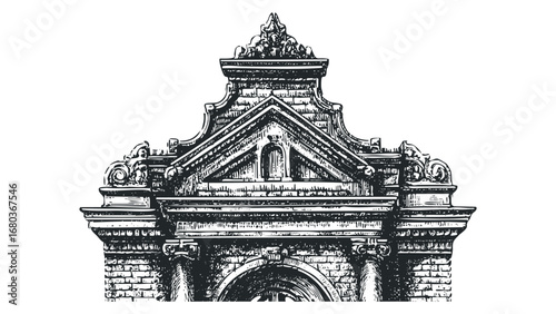 Ornate architectural facade fragment with ornate carving and stonework. Vector hand drawn illustration