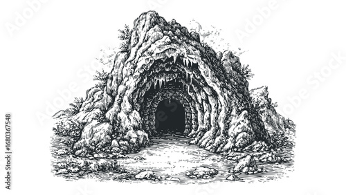 Engraved cave entrance with rocky cliffs and flowing water. Vector hand drawn illustration