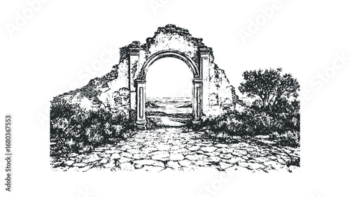 Ancient stone archway ruins with overgrown foliage and a cobbled path. Vector hand drawn illustration