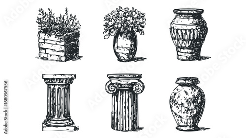 Architectural elements and pottery collection in a sketched style. Vector hand drawn illustration