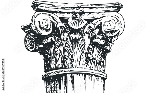 Ornate Corinthian Column Capital with Acanthus Leaves and Scrolls. Vector hand drawn illustration
