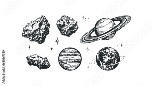 Cosmic planets and asteroids on white background. Vector hand drawn illustration