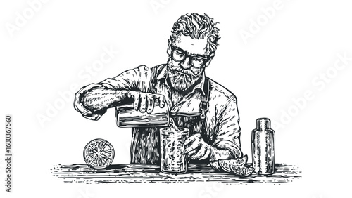 Bartender meticulously pours drink into glass with citrus slices and shaker. Vector hand drawn illustration