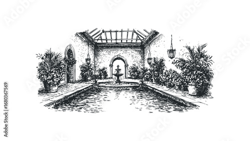 Detailed Ink Sketch of an Indoor Conservatory with Fountain and Potted Plants. Vector hand drawn illustration