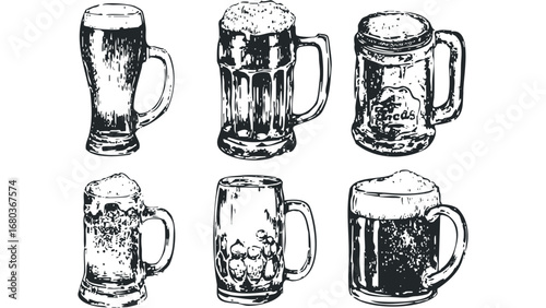Collection of Six Hand Drawn Beer Mugs with Foam. Vector hand drawn illustration