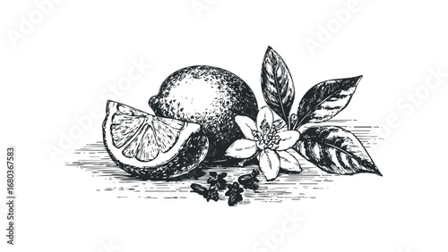 Hand Drawn Citrus Fruit and Blossom with Leaves and Cloves. Vector hand drawn illustration