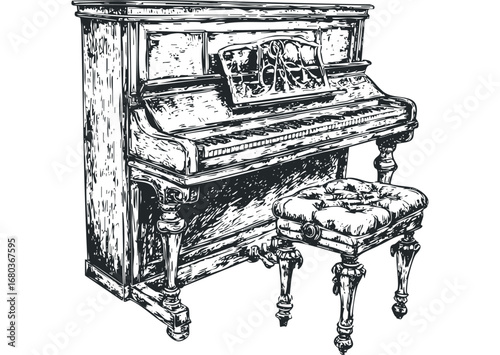 Antique upright piano with ornate bench in sketch style on transparent background. Vector hand drawn illustration