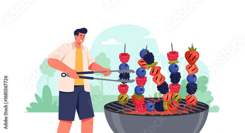 Vibrant Summer Barbecue: Grilling Fruit Kebabs Under a Clear Sky with Joyful Man