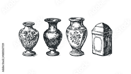 Hand-drawn sketch of antique vases and a decorative container. Vector hand drawn illustration