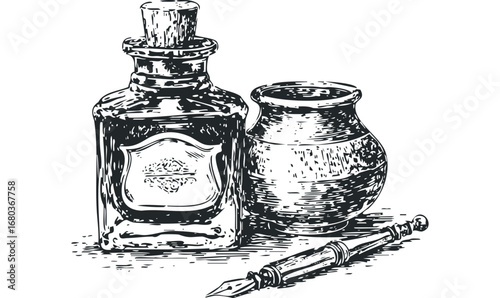 Vintage inkwell and fountain pen with corked bottle, sketch. Vector hand drawn illustration