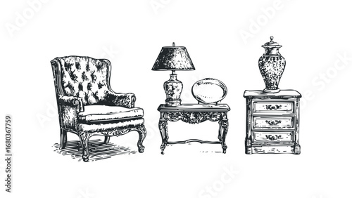 Hand-drawn ornate furniture set with armchair, lamp, and cabinet. Vector hand drawn illustration