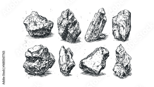 Collection of Eight Textured Rough Stone Rocks and Crystals. Vector hand drawn illustration