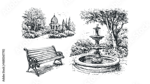 Pen and ink sketch of a tranquil park scene with a multi-tiered fountain and ornate bench. Vector hand drawn illustration
