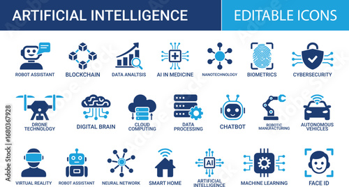 Artificial intelligence icon set. Containing machine learning, data science, AI, virtual assistant, generative AI, technology, Turing test and more. Solid vector icons collection