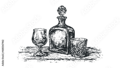 Hand-drawn sketch of a decanter and two glasses on a rustic wooden surface. Vector hand drawn illustration