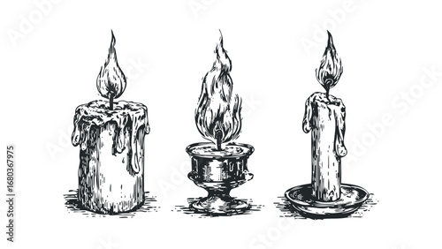Three detailed sketch drawings of burning candles with melting wax. Vector hand drawn illustration