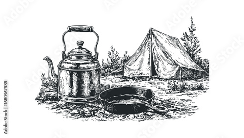 Sketch of a camping setup with a tent, kettle, and cast iron pan. Vector hand drawn illustration