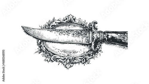 Ornate knife with decorative scrollwork frame. Vector hand drawn illustration