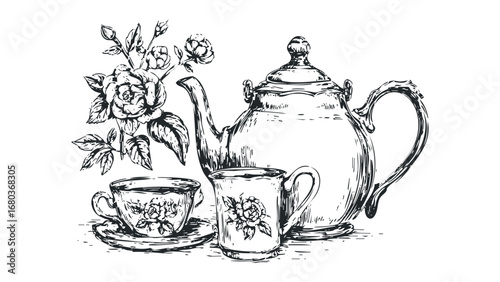 Sketch of tea set with floral decoration and roses. Vector hand drawn illustration