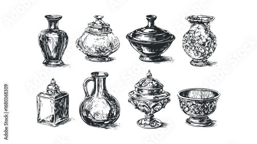 Collection of vintage vases and containers with ornate detailing. Vector hand drawn illustration