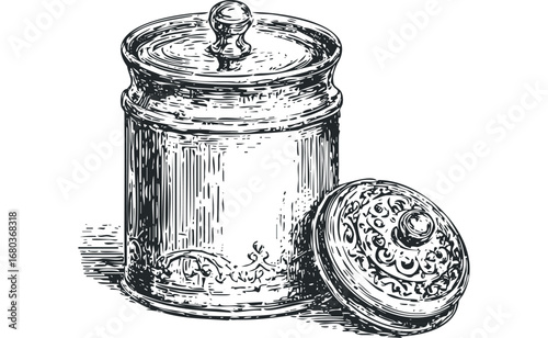 Vintage Jar with Ornate Lid on Transparent Background. Vector hand drawn illustration