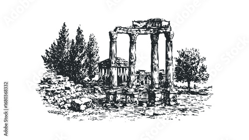Ancient Greek Temple Ruins with Trees and Rocky Ground Sketch. Vector hand drawn illustration