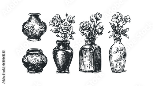 Collection of Vintage Vases with Floral Arrangements on White. Vector hand drawn illustration