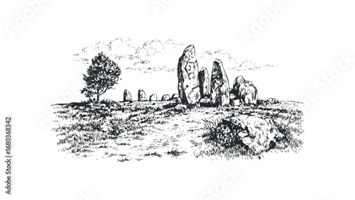 Ancient stone circle with a lone tree and grassy field. Vector hand drawn illustration