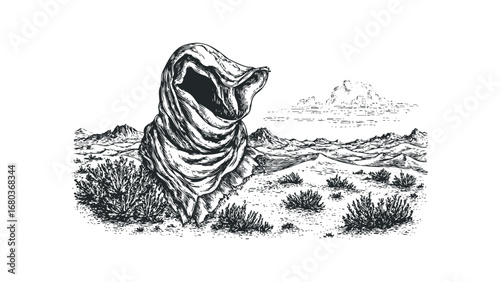 Figure robed in cloth stands in a barren desert landscape with distant mountains. Vector hand drawn illustration