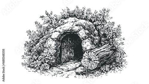 Enchanting Stone Cave Entrance Surrounded by Lush Foliage and Flora. Vector hand drawn illustration