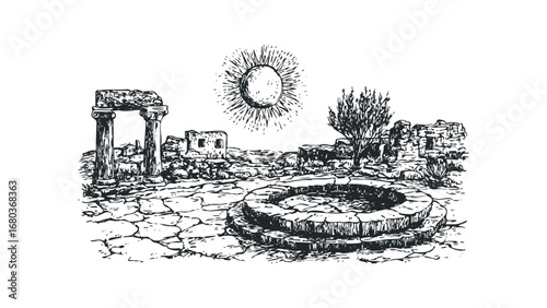 Ancient stone ruins with a well under a detailed sun sketch. Vector hand drawn illustration