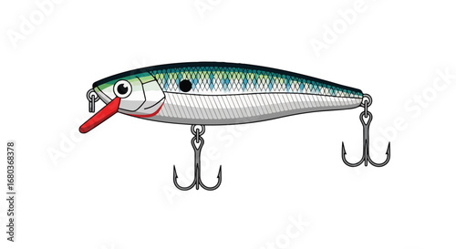 Detailed illustration of a colorful fishing lure with hooks isolated on a white background illustrating recreational fishing bait and tackle