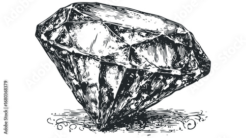 Engraved Gemstone Cut Stone Faceted Crystal on White Background. Vector hand drawn illustration
