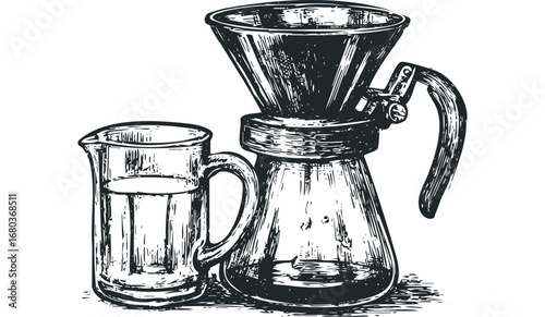 Hand Drawn Pour Over Coffee Maker and Glass Pitcher on White. Vector hand drawn illustration