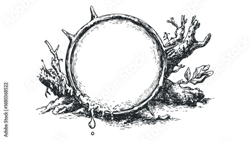 Ornate thorny circle frame with organic tree branch details. Vector hand drawn illustration